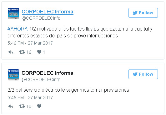 Corpoelec: Habría interrupción del servicio en varios estados