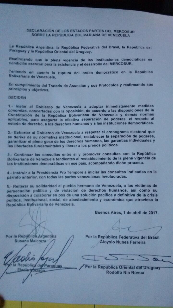 Mercosur activa cláusula democrática por la “falta de separación de poderes” en Venezuela