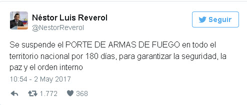 Suspendido el porte de armas por 180 días