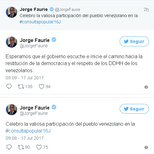 Argentina exhorta al gobierno venezolano a que respete los DDHH