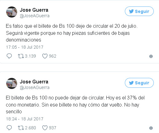 Guerra: Billete de Bs 100 seguirá vigente porque no hay suficientes piezas de bajas denominaciones