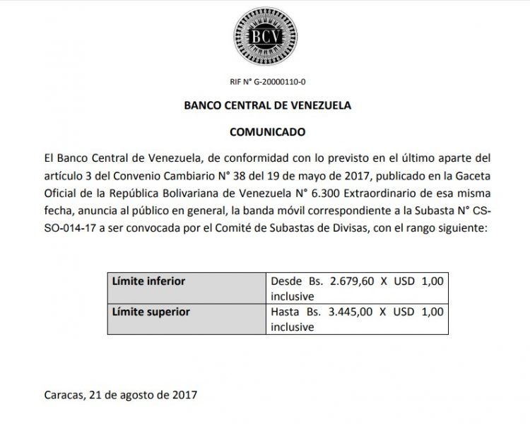 Banda máxima de Dicom será de 3.445 bolívares por dólar en próxima subasta