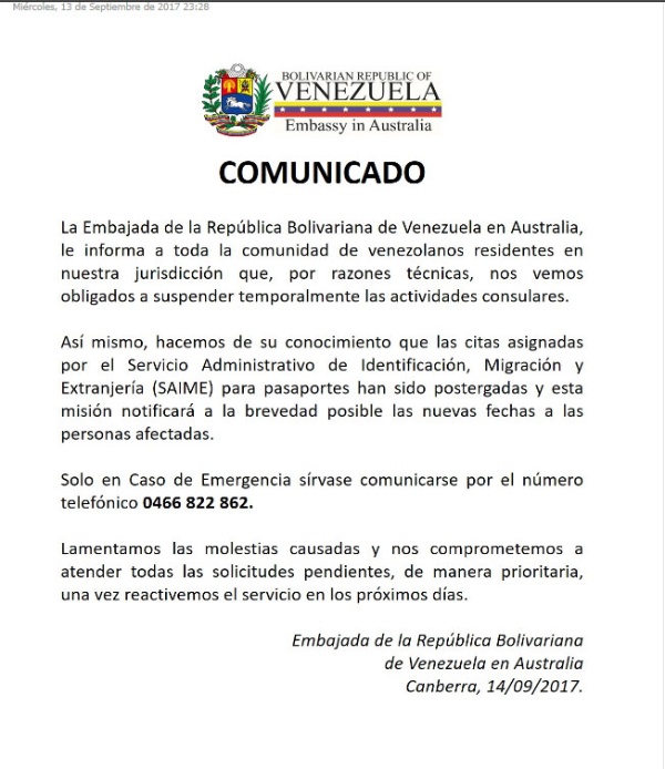 Embajada de Venezuela en Australia suspendió actividades