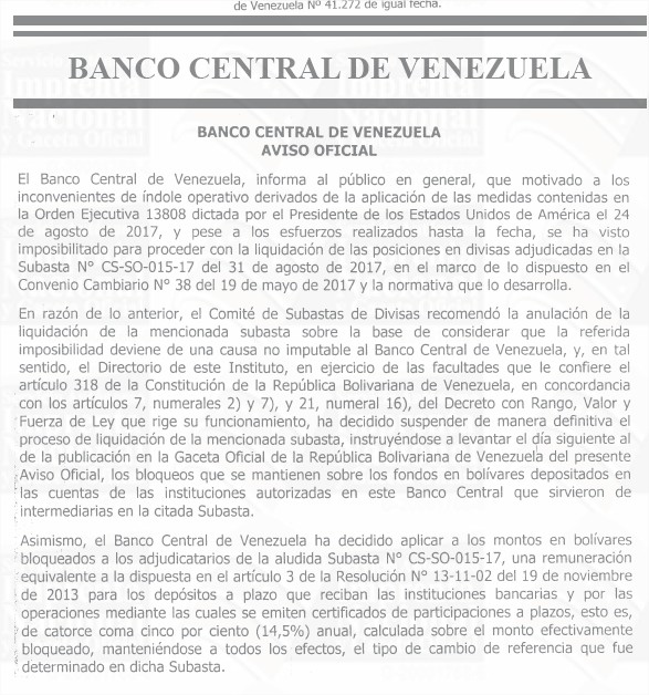 BCV devolverá con intereses bolívares de subasta 15 del Dicom