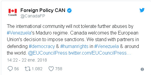 Canadá saluda sanciones de la UE contra funcionarios venezolanos
