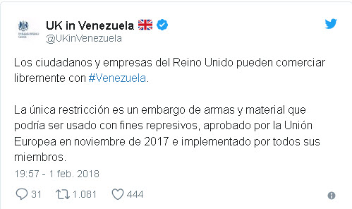 Reino Unido aclara que restricción contra Venezuela es un embargo de armas