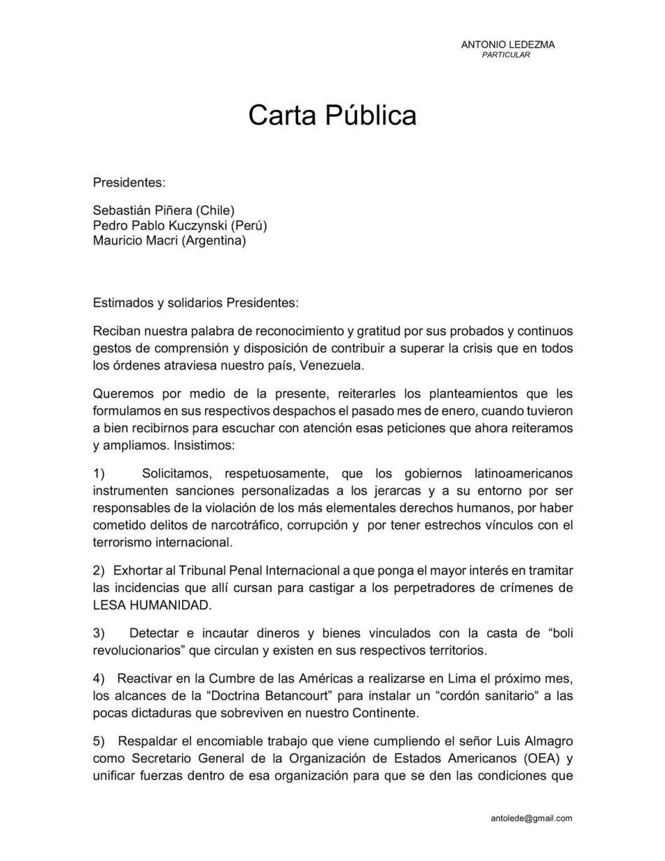 Carta abierta de Ledezma a los presidentes de Argentina, Chile y Perú