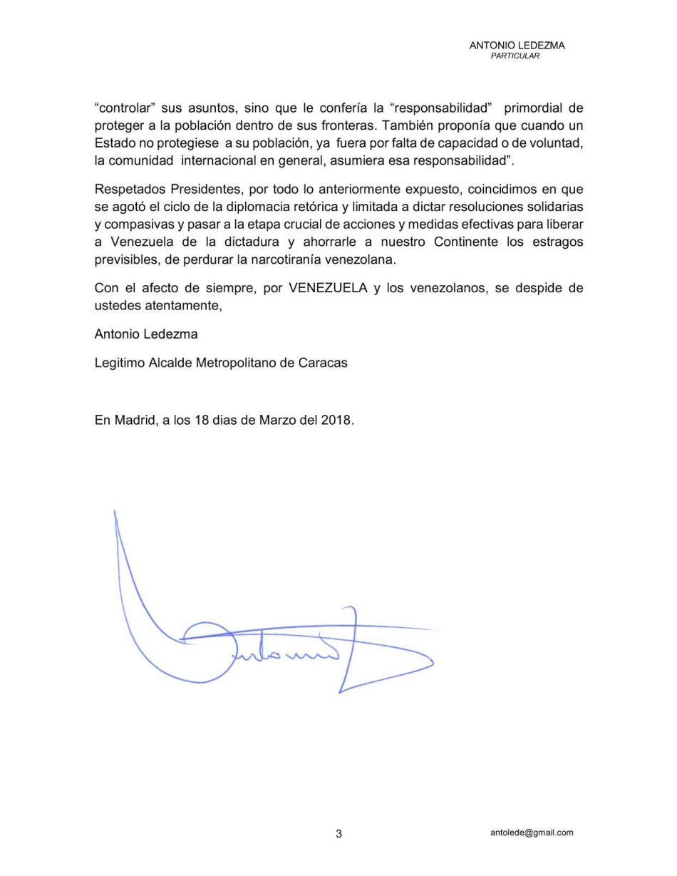 Carta abierta de Ledezma a los presidentes de Argentina, Chile y Perú