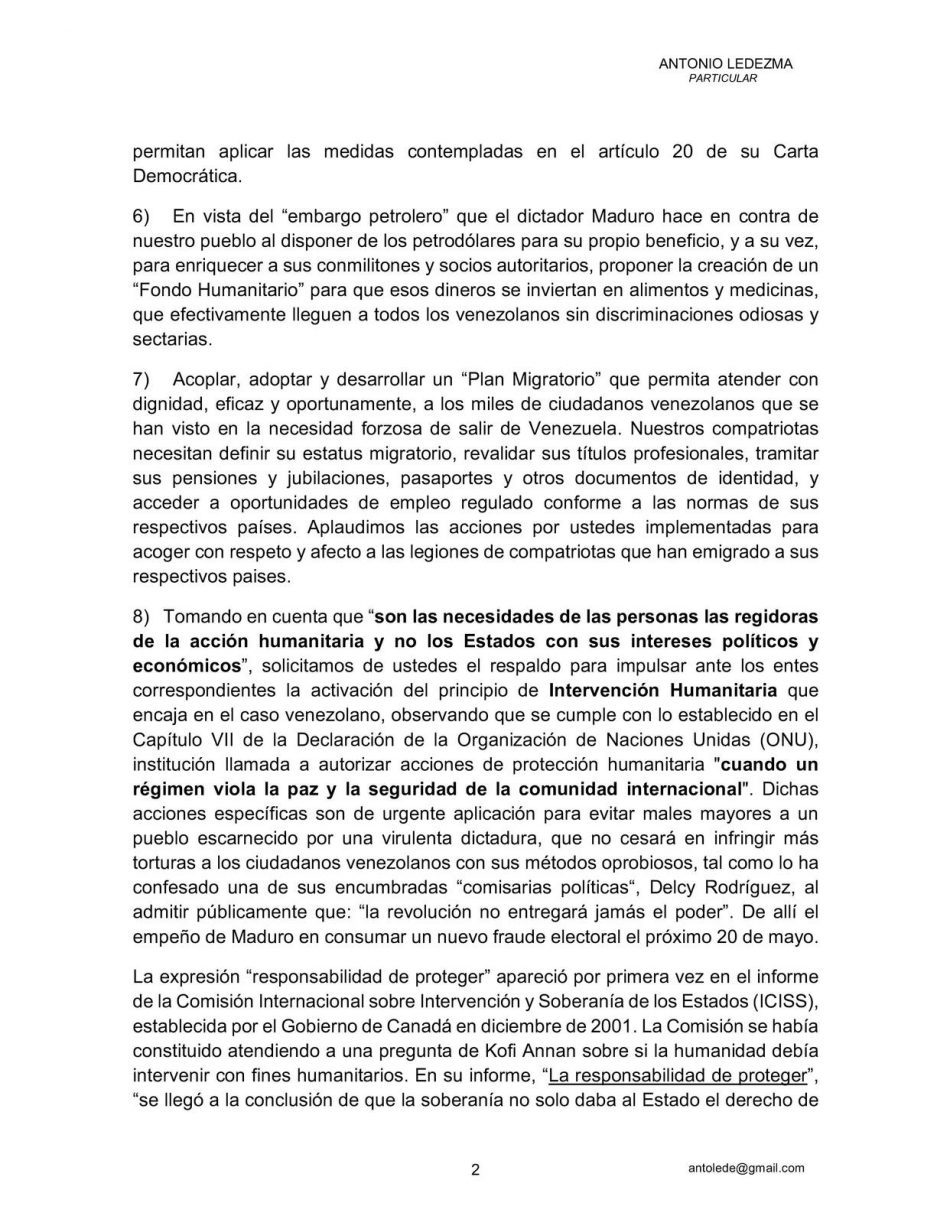 Carta abierta de Ledezma a los presidentes de Argentina, Chile y Perú