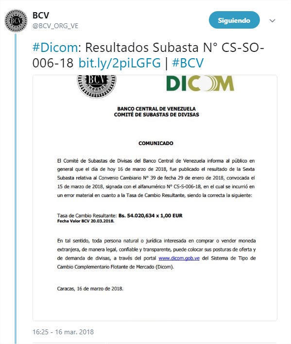 Tasa Dicom subió a Bs 43.980 por dólar en la sexta subasta