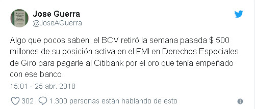 Guerra: BCV retiró $500 millones del FMI para pagar a Citibank