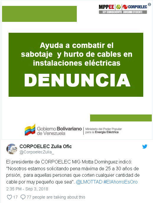 Motta Dominguez: Solicitamos pena máxima de prisión para personas que corten cables