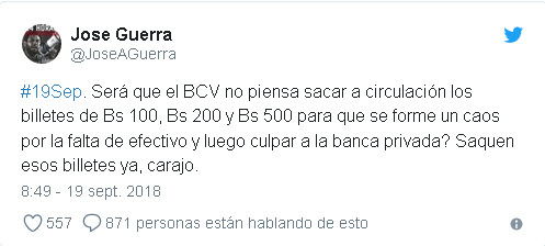 José Guerra pide al BCV distribuir billetes de BsS 100, 200 y 500