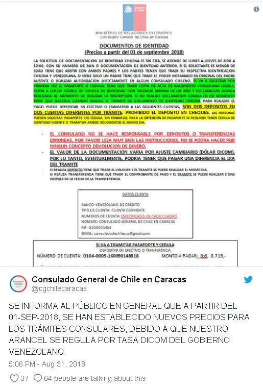 Consulado de Chile en Caracas publicó lista de nuevos precios de trámites