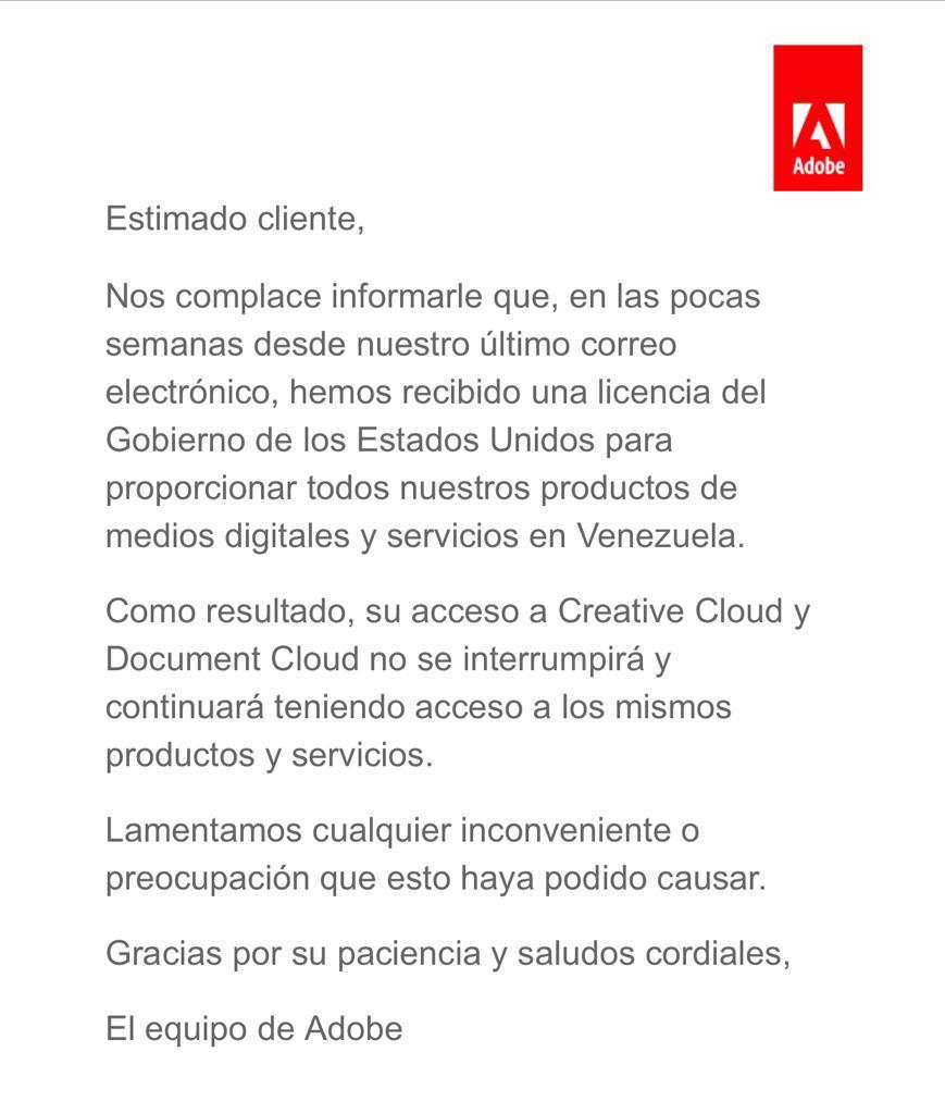 Adobe dice que recibió licencia del gobierno de EEUU para seguir en Venezuela