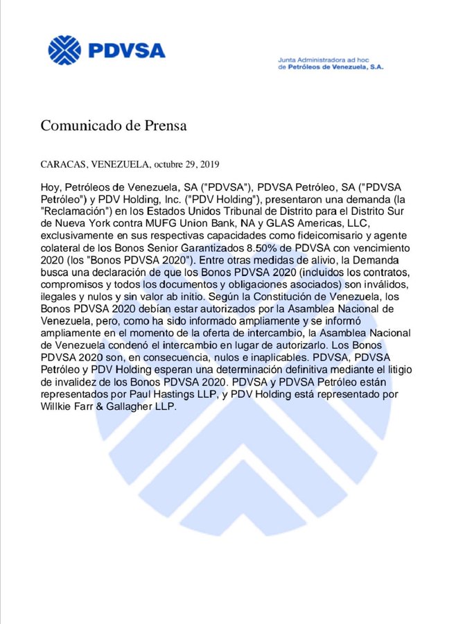 Directiva ad hoc de Pdvsa demanda nulidad absoluta de bonos Pdvsa 2020 en corte de Nueva York