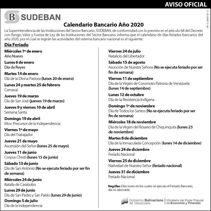 Este miércoles #24Jun es feriado bancario con motivo de la Batalla de Carabobo