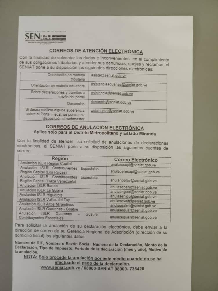 Seniat habilita nuevas direcciones de correo para atención electrónica