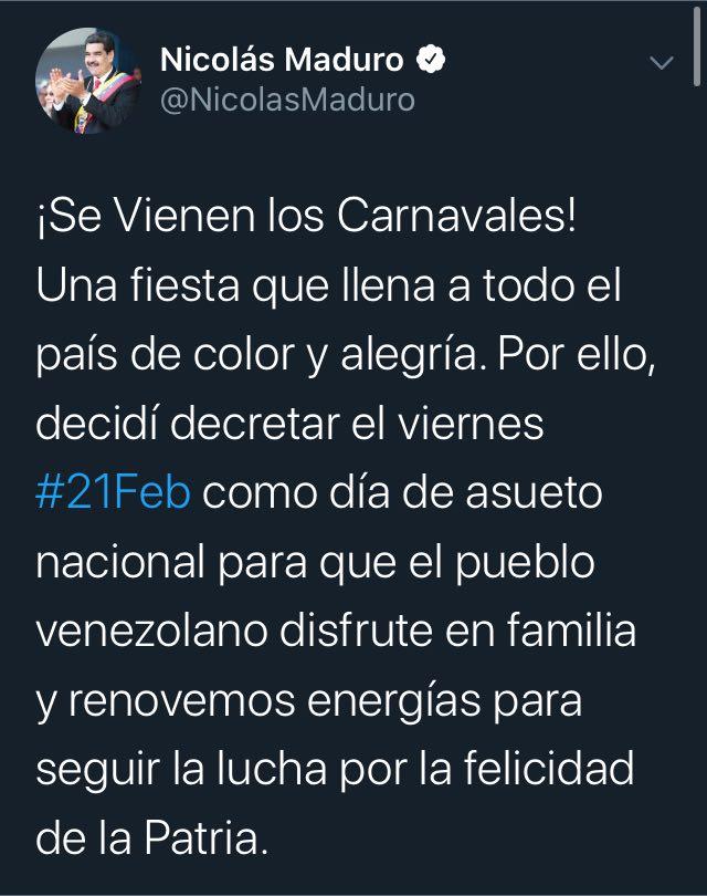 Maduro decreta viernes #21feb como día de asueto por carnaval