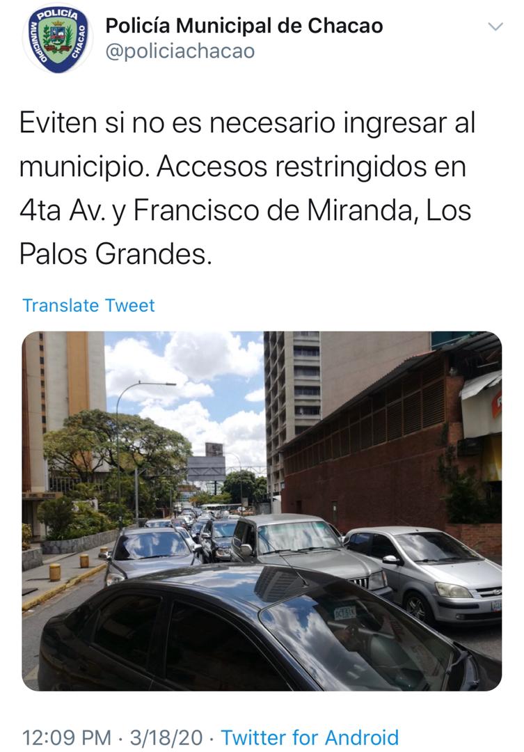 #Covid-19 Aplican «cierre restrictivo» a parroquia El Cafetal y limitan entrada a Chacao