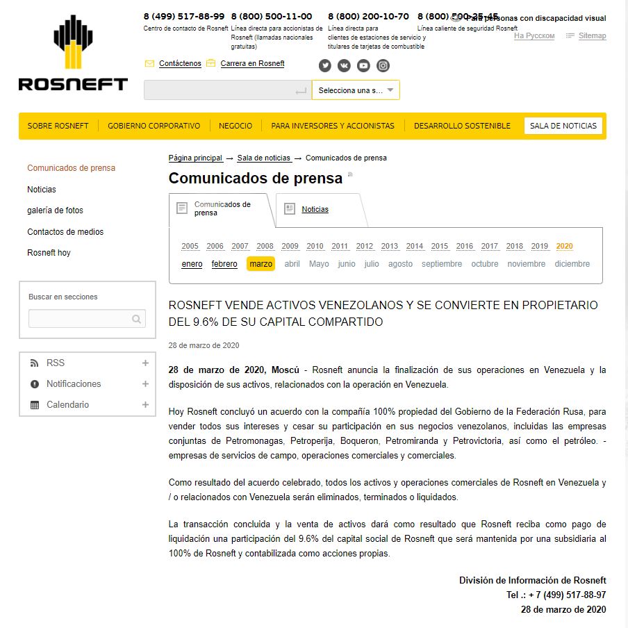 Rosneft anuncia la terminación de sus operaciones en Venezuela