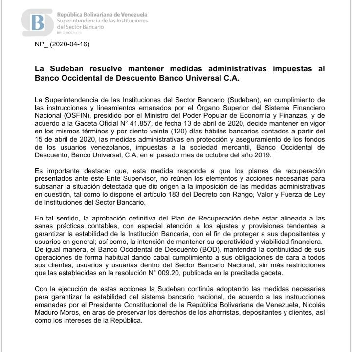 Sudeban prorroga por 120 días medidas administrativas sobre el BOD