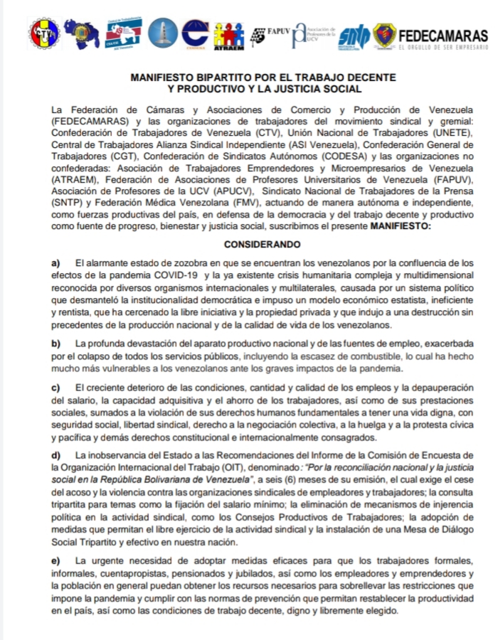 Fedecámaras suscribe manifiesto bipartito por la reactivación económica y lucha contra el Covid-19