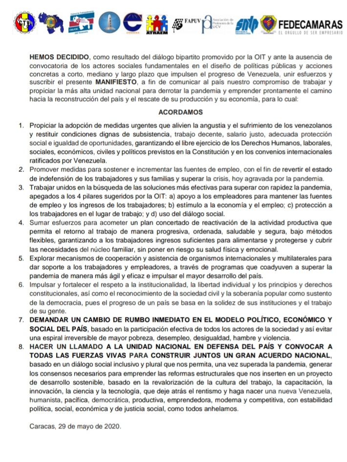 Fedecámaras suscribe manifiesto bipartito por la reactivación económica y lucha contra el Covid-19