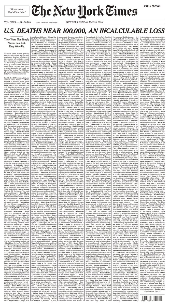 New York Times llena portada con mil obituarios de fallecidos por #Covid19