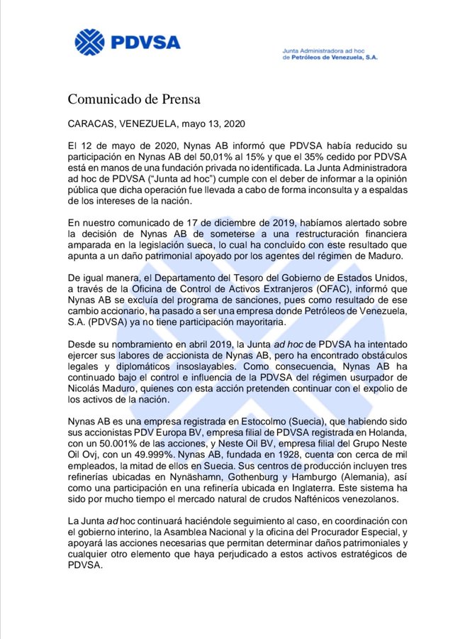 Junta ad hoc de Pdvsa denuncia que el acuerdo de Nynas apunta a un daño patrimonial