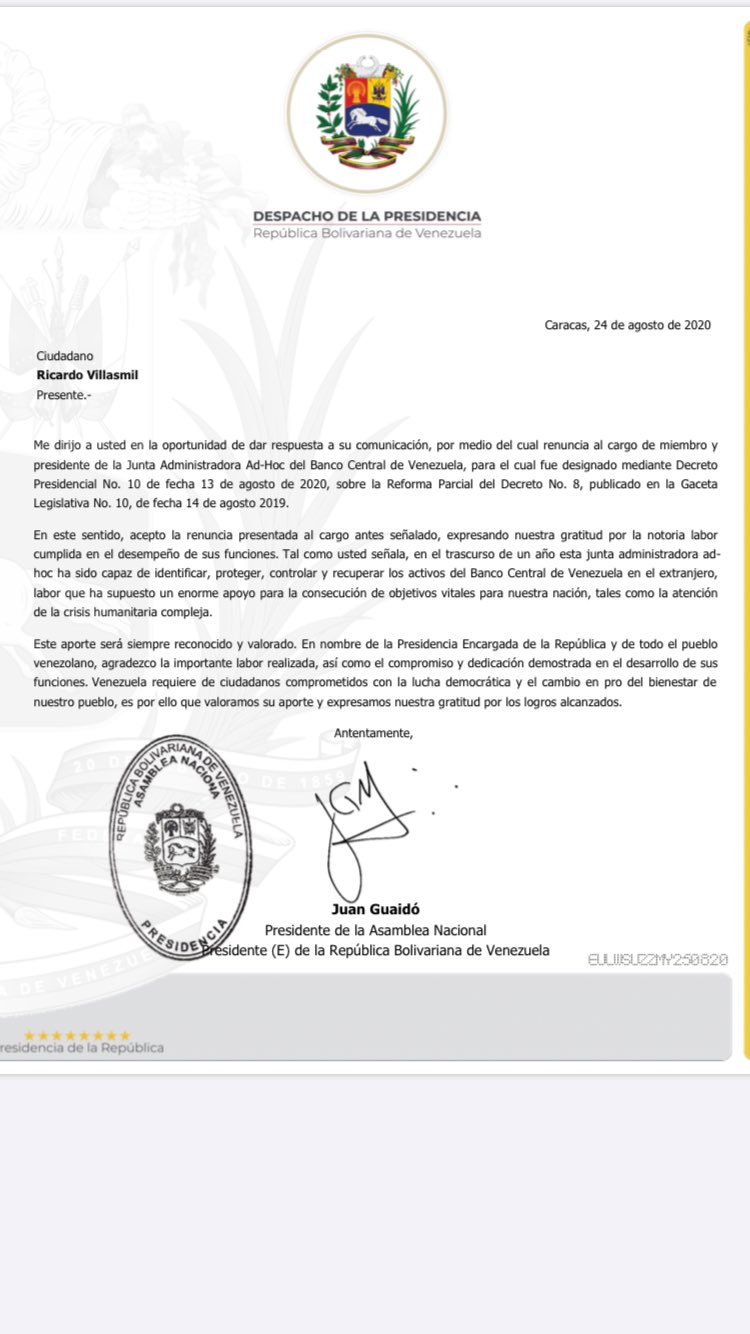 Ricardo Villasmil renunció a la presidencia ad hoc del BCV