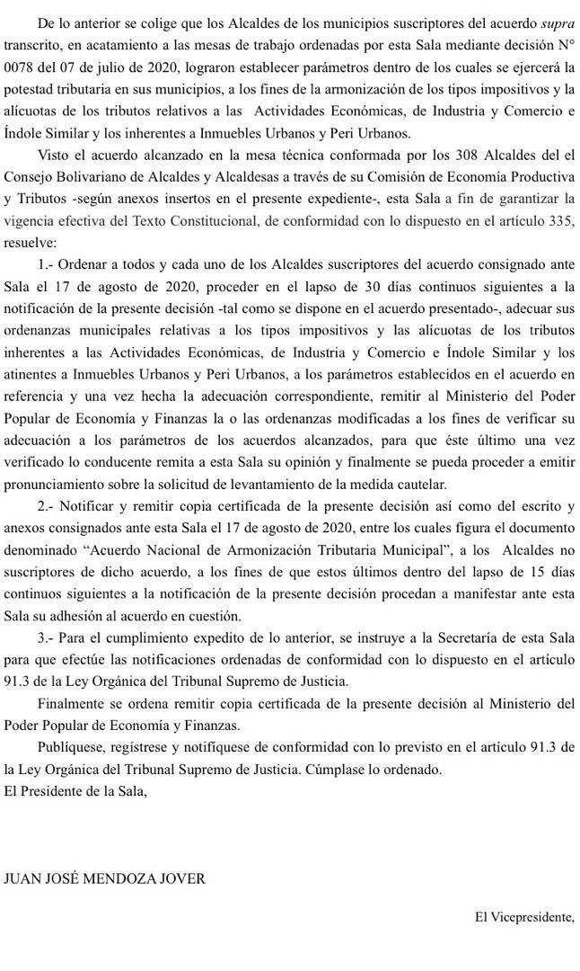 TSJ da 30 días a Alcaldías oficialistas para reformar normas tributarias y ordena adhesión de las restantes
