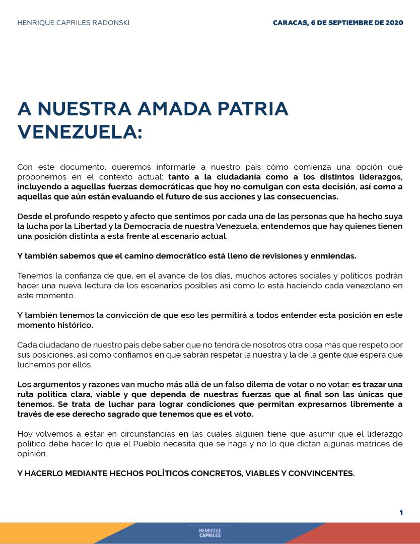 Capriles: «Quedarnos de brazos cruzados solo beneficia a quienes usurpan el poder»
