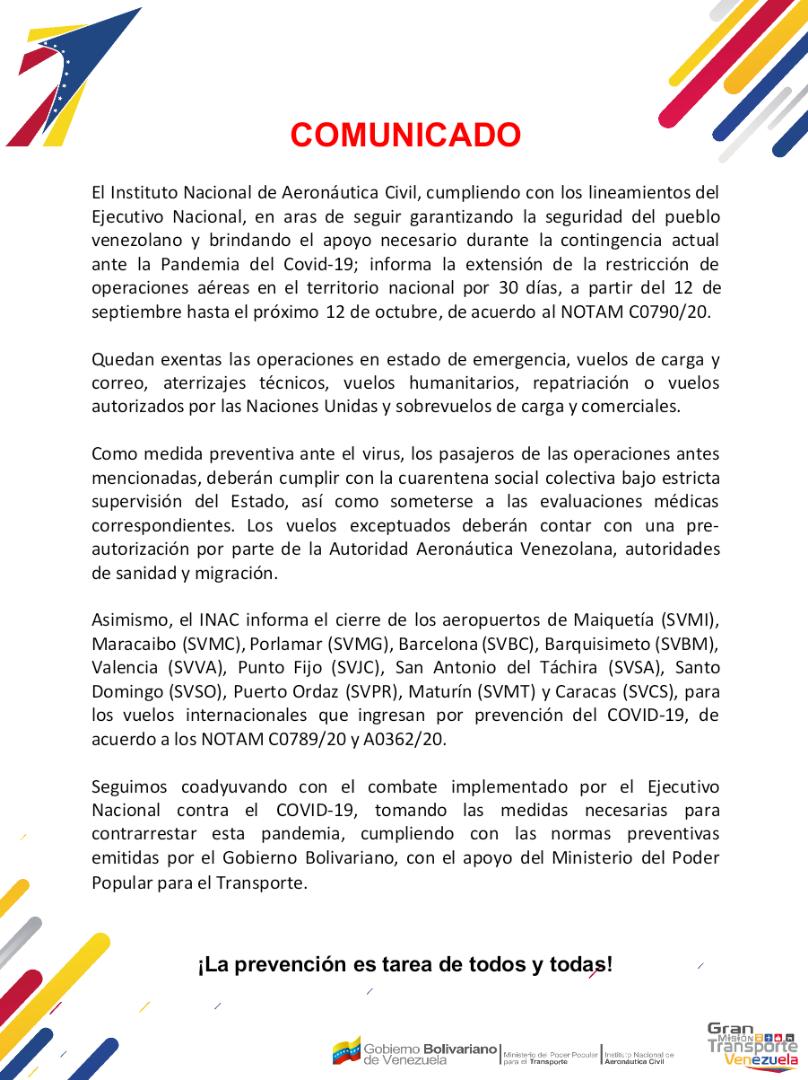 Operaciones aeronáuticas permanecen restringidas hasta el 12 de octubre