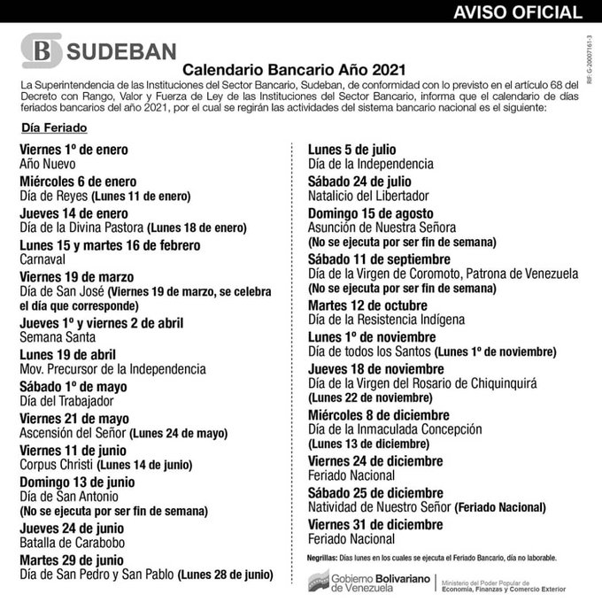 Sudeban publica calendario bancario para 2021