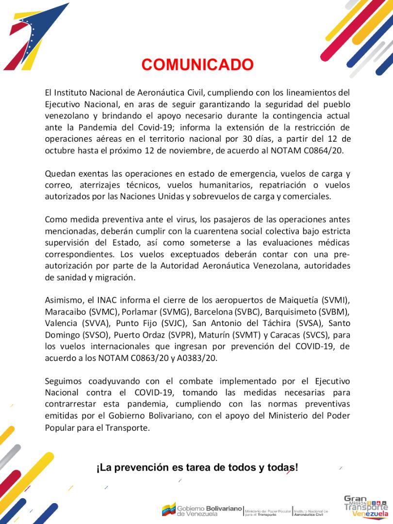 INAC prorroga restricción de operaciones aeronáuticas hasta el 12 de noviembre