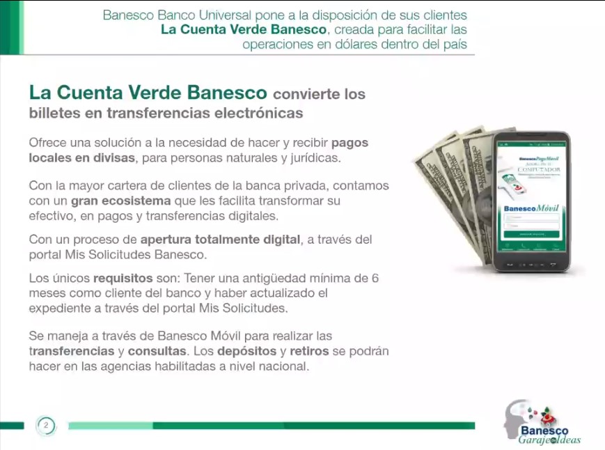 Banesco anuncia lanzamiento de su Cuenta Verde para pagos en dólares de forma electrónica