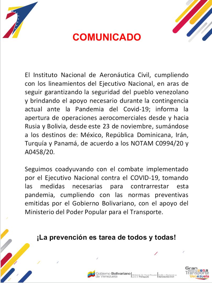 INAC autoriza operaciones aéreas a Rusia y Bolivia a partir de este #23Nov