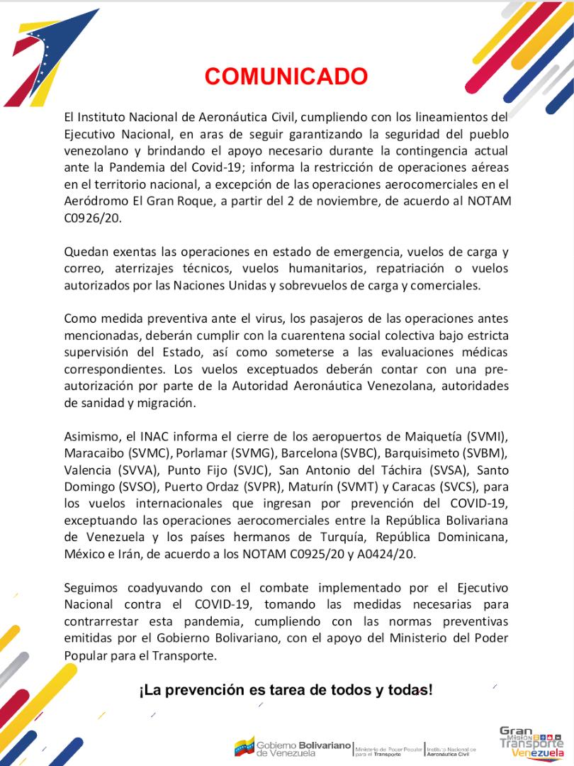 INAC mantiene restricción de operaciones aéreas excepto a Los Roques y cuatro destinos internacionales