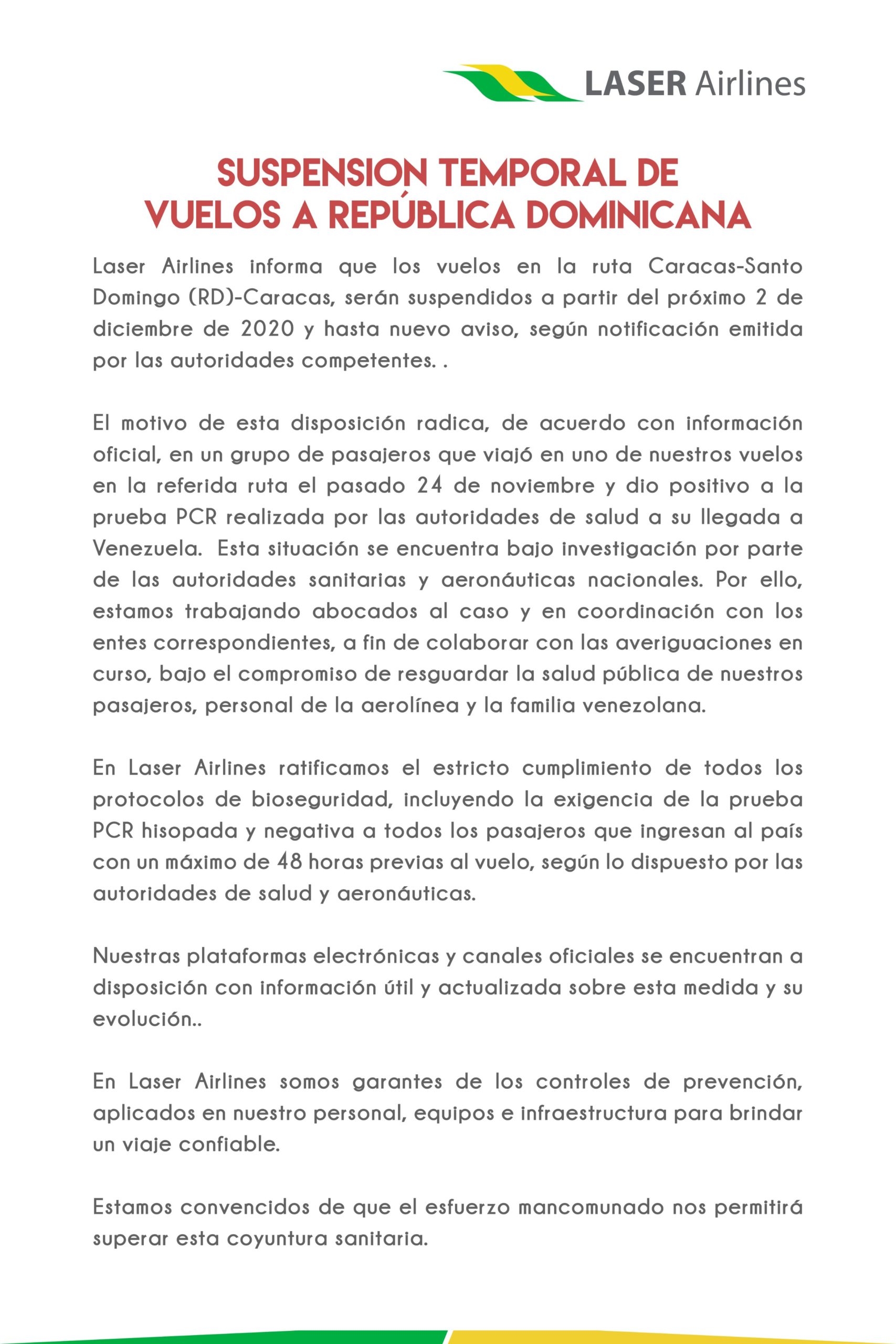 Suspendidos vuelos de Laser Airlines a República Dominicana hasta nuevo aviso