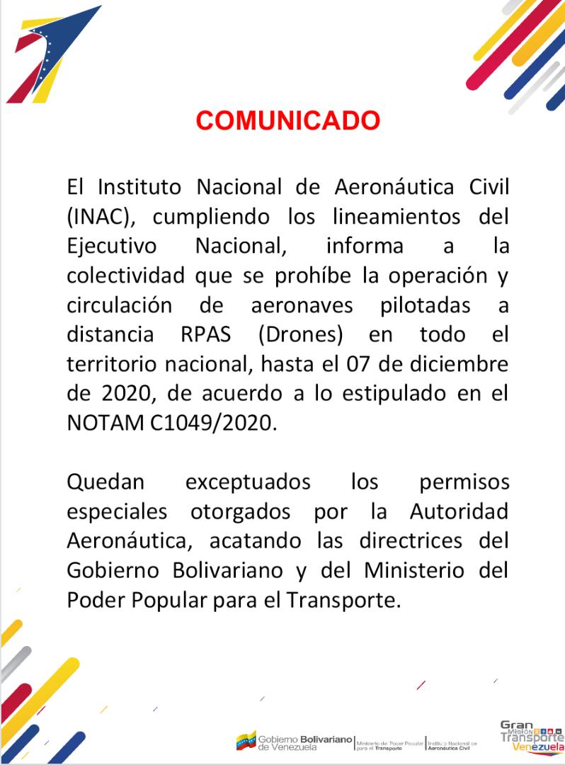 INAC prohibió la operación de drones hasta el lunes 7 de diciembre