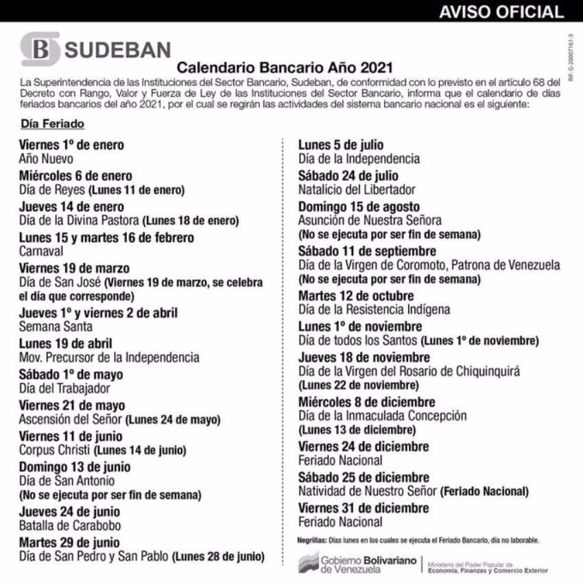 Este lunes 13 de diciembre es feriado bancario