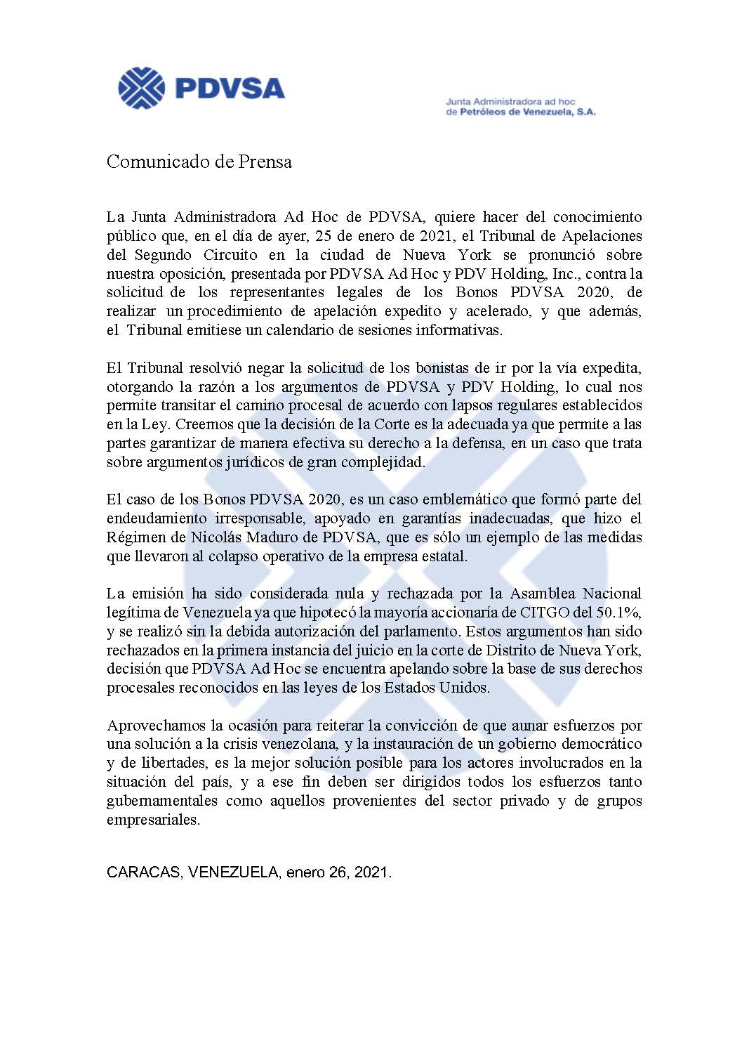 Corte de Nueva York niega petición de acreedores de acelerar apelación de nulidad de bonos Pdvsa 2020