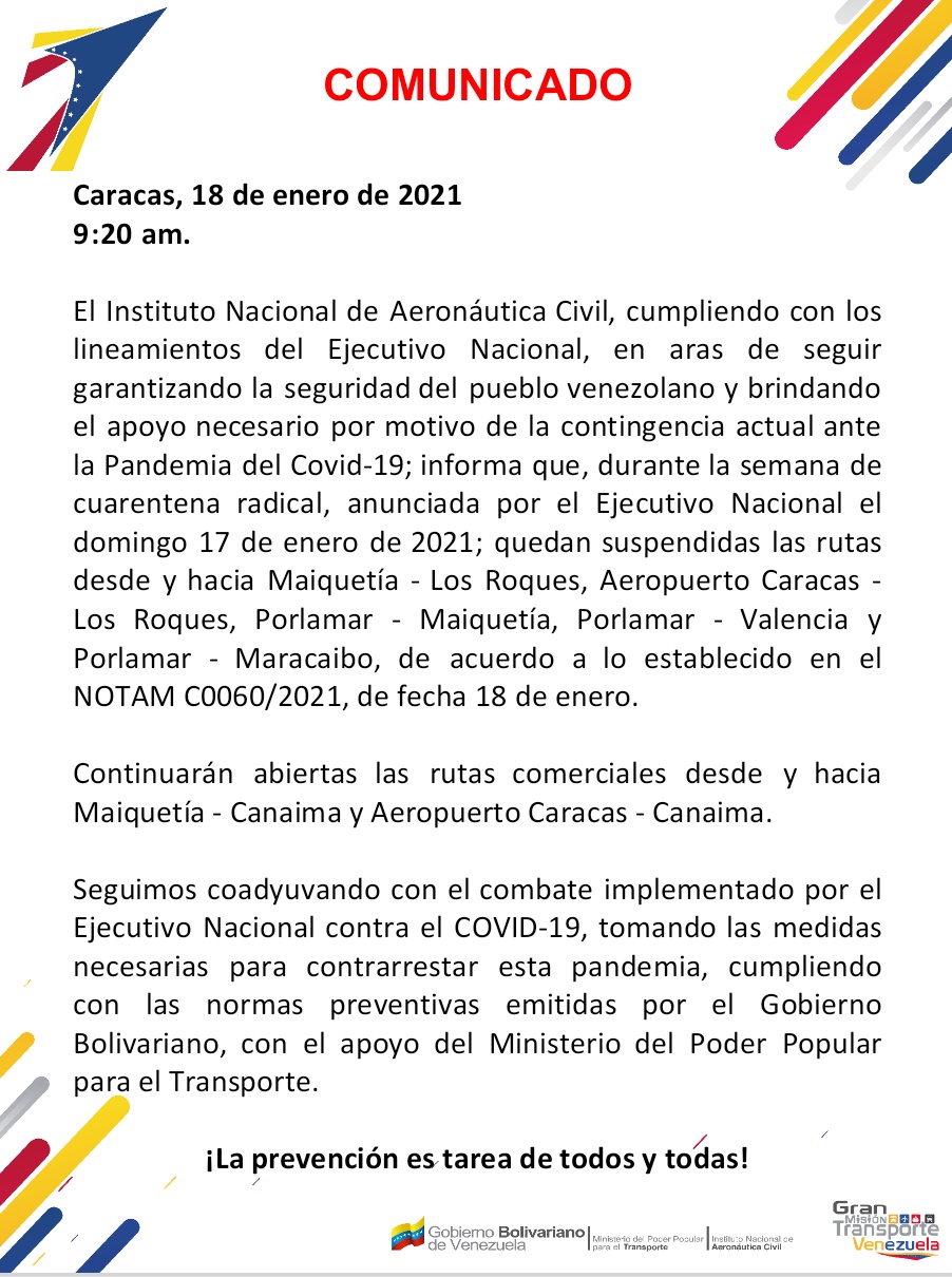 INAC suspende rutas nacionales salvo vuelos a Canaima por cuarentena radical