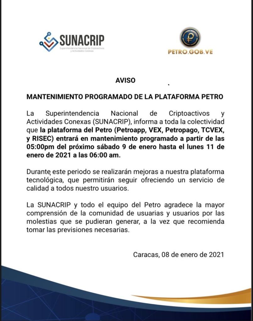 Sunacrip: Plataforma Petro estará en mantenimiento hasta el lunes #11Ene