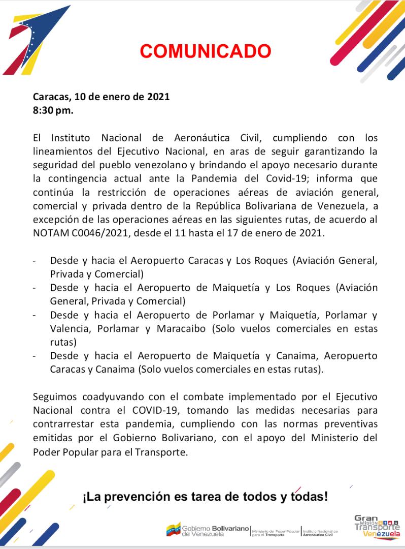 Conozca las rutas aéreas nacionales habilitadas por el INAC para esta semana