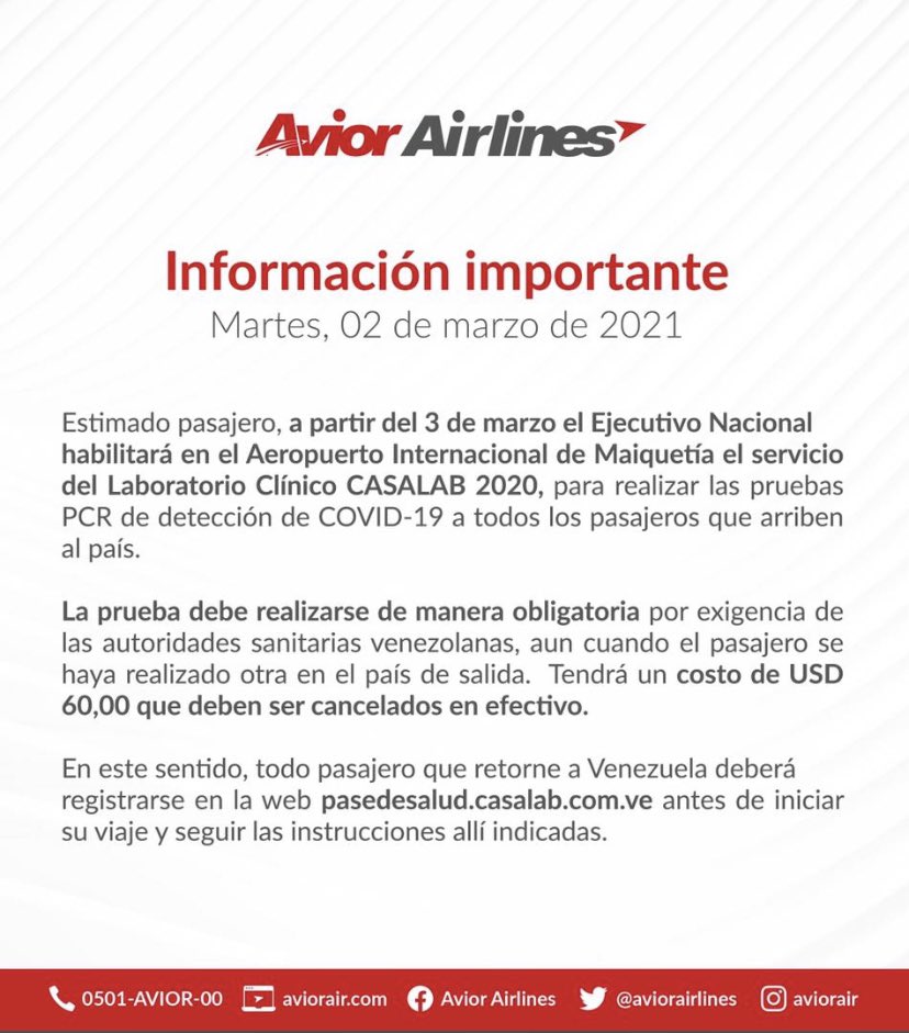 Pasajeros de Avior también deberán realizarse prueba PCR por US$60 al entrar a Venezuela