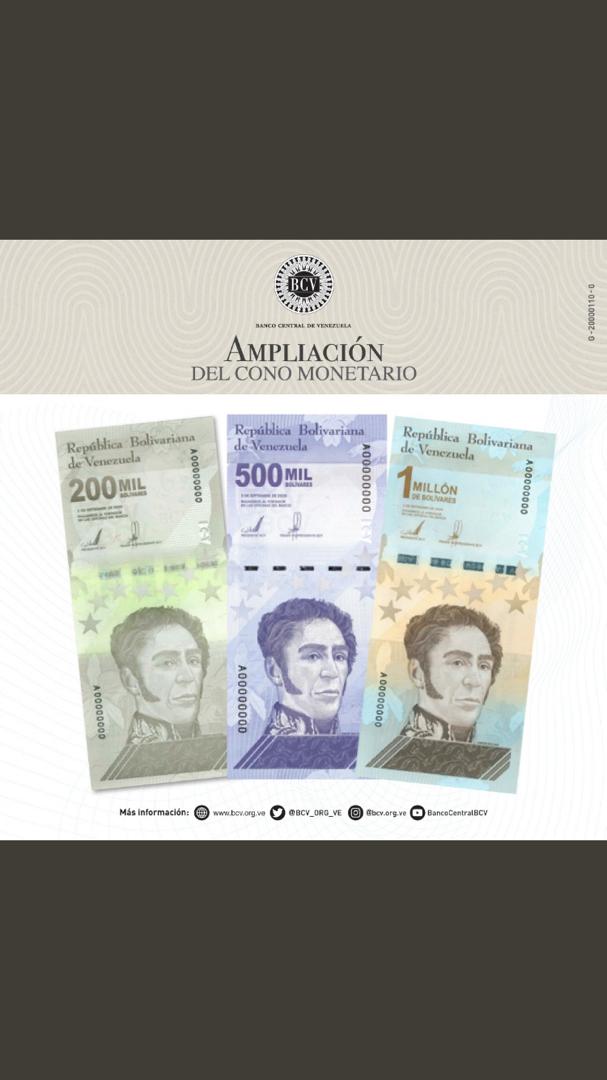 BCV: nuevos billetes de 200.000, 500.000 y 1 millón de bolívares circularán paulatinamente desde el #8Mar