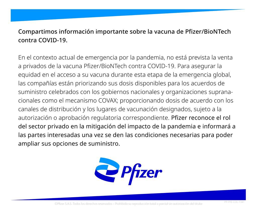 Pfizer anuncia que no tiene previsto vender vacunas al sector privado