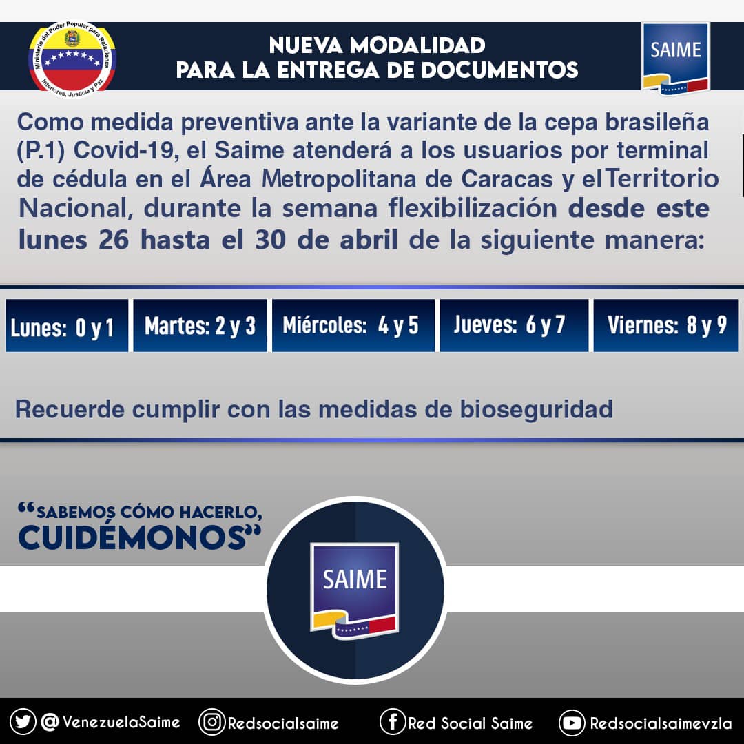 Saime atenderá por terminal de número de cédula hasta el #30Abr